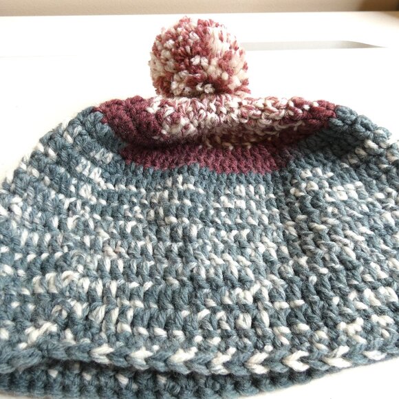 Wool Beanie OS 8" Skull Cap Unisex Handmade Crochet Hand Knit Winter Warm w/ Pom - Picture 5 of 9